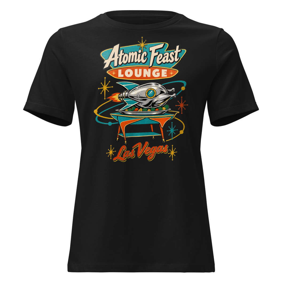 Atomic Feast Lounge Relaxed T-Shirt in Black, front view, a chrome rocket-shaped roast turkey on a mid-century serving cart under a Googie sign