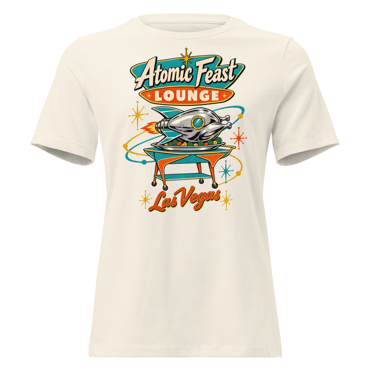 Atomic Feast Lounge Relaxed T-Shirt in Natural, front view, a chrome rocket-shaped roast turkey on a mid-century serving cart under a Googie sign