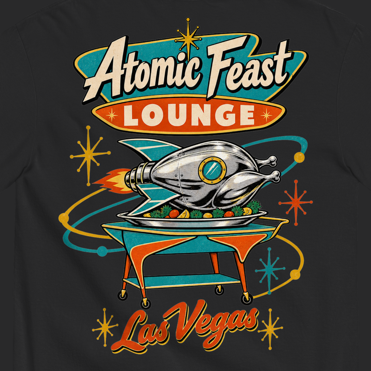 Atomic Feast Lounge T-Shirt in Black, close-up of the back print, a chrome rocket-shaped roast turkey on a mid-century serving cart under a Googie sign