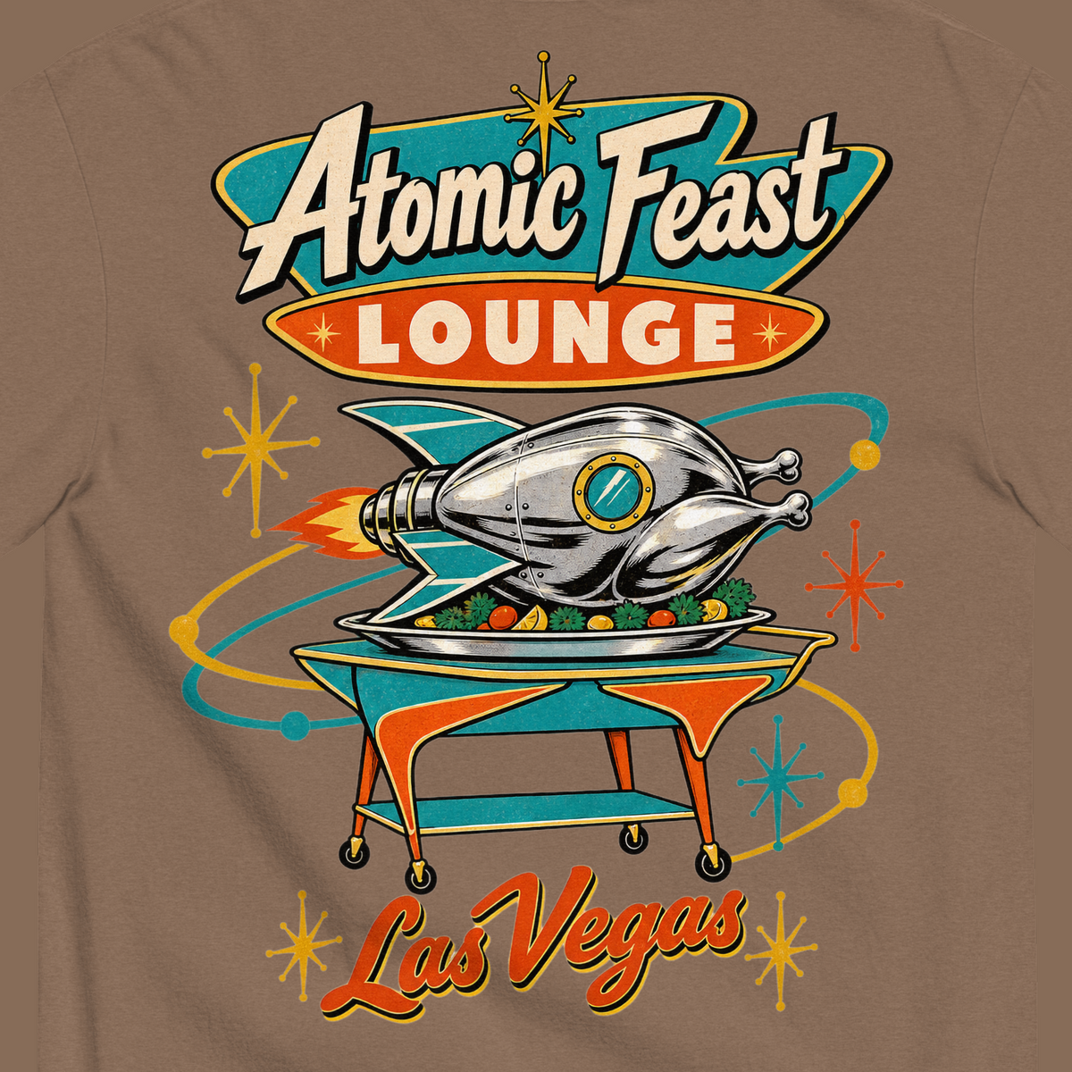 Atomic Feast Lounge T-Shirt in Espresso, close-up of the back print, a chrome rocket-shaped roast turkey on a mid-century serving cart under a Googie sign