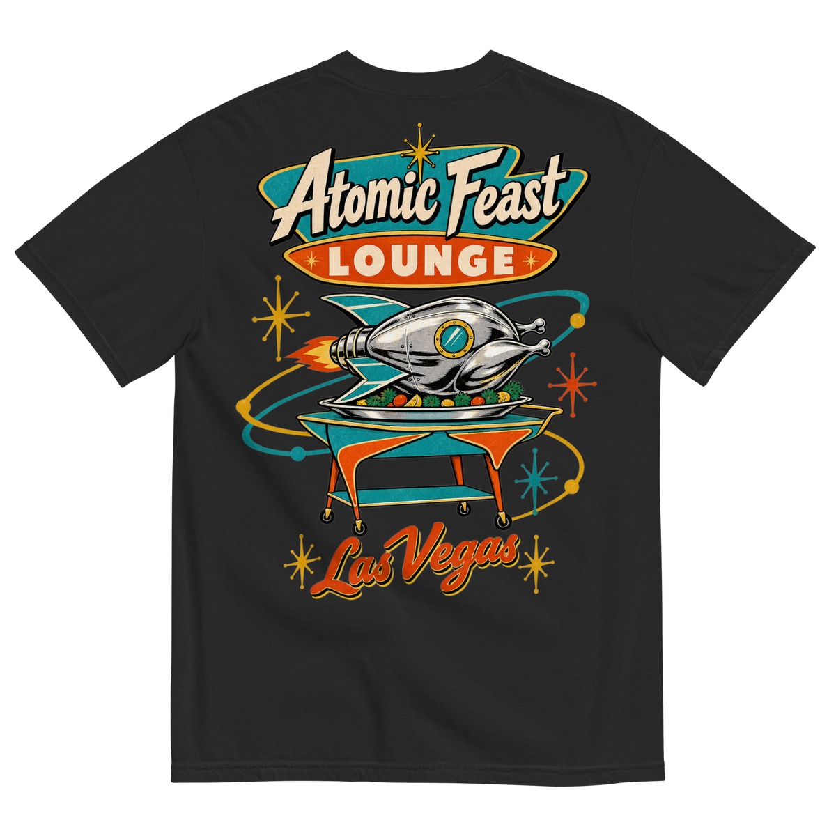 Atomic Feast Lounge T-Shirt in Black, back print, a chrome rocket-shaped roast turkey on a mid-century serving cart under a Googie sign