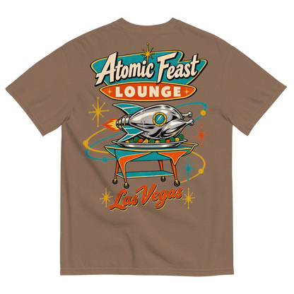 Atomic Feast Lounge T-Shirt in Espresso, back print, a chrome rocket-shaped roast turkey on a mid-century serving cart under a Googie sign