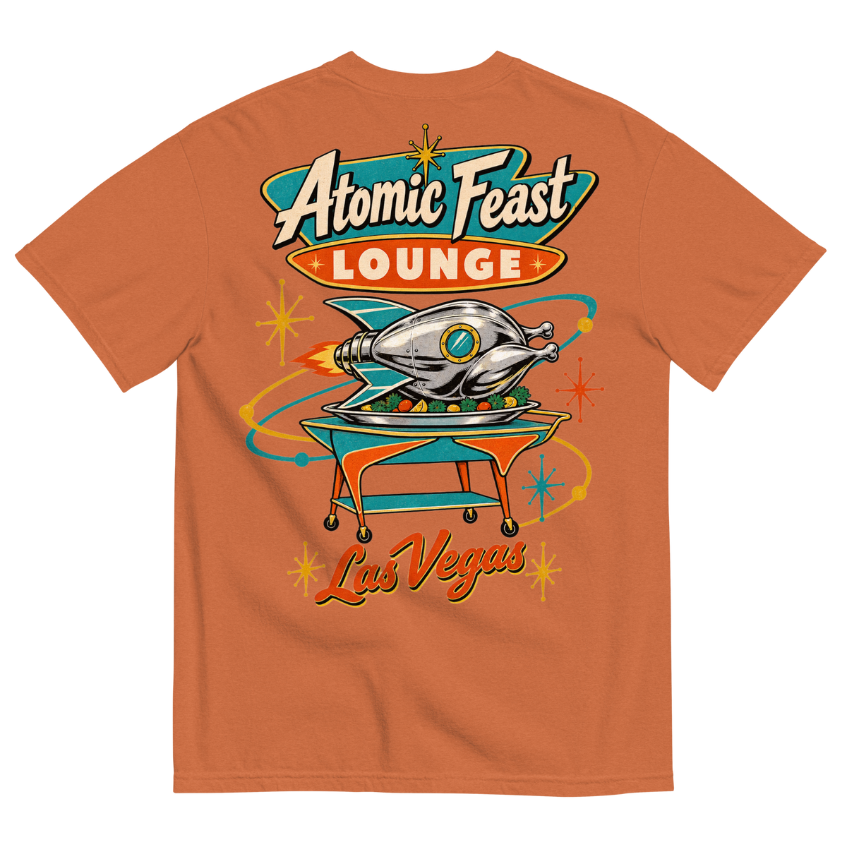 Atomic Feast Lounge T-Shirt in Yam, back print, a chrome rocket-shaped roast turkey on a mid-century serving cart under a Googie sign