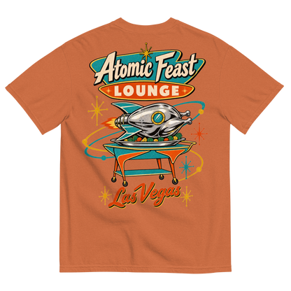 Atomic Feast Lounge T-Shirt in Yam, back print, a chrome rocket-shaped roast turkey on a mid-century serving cart under a Googie sign