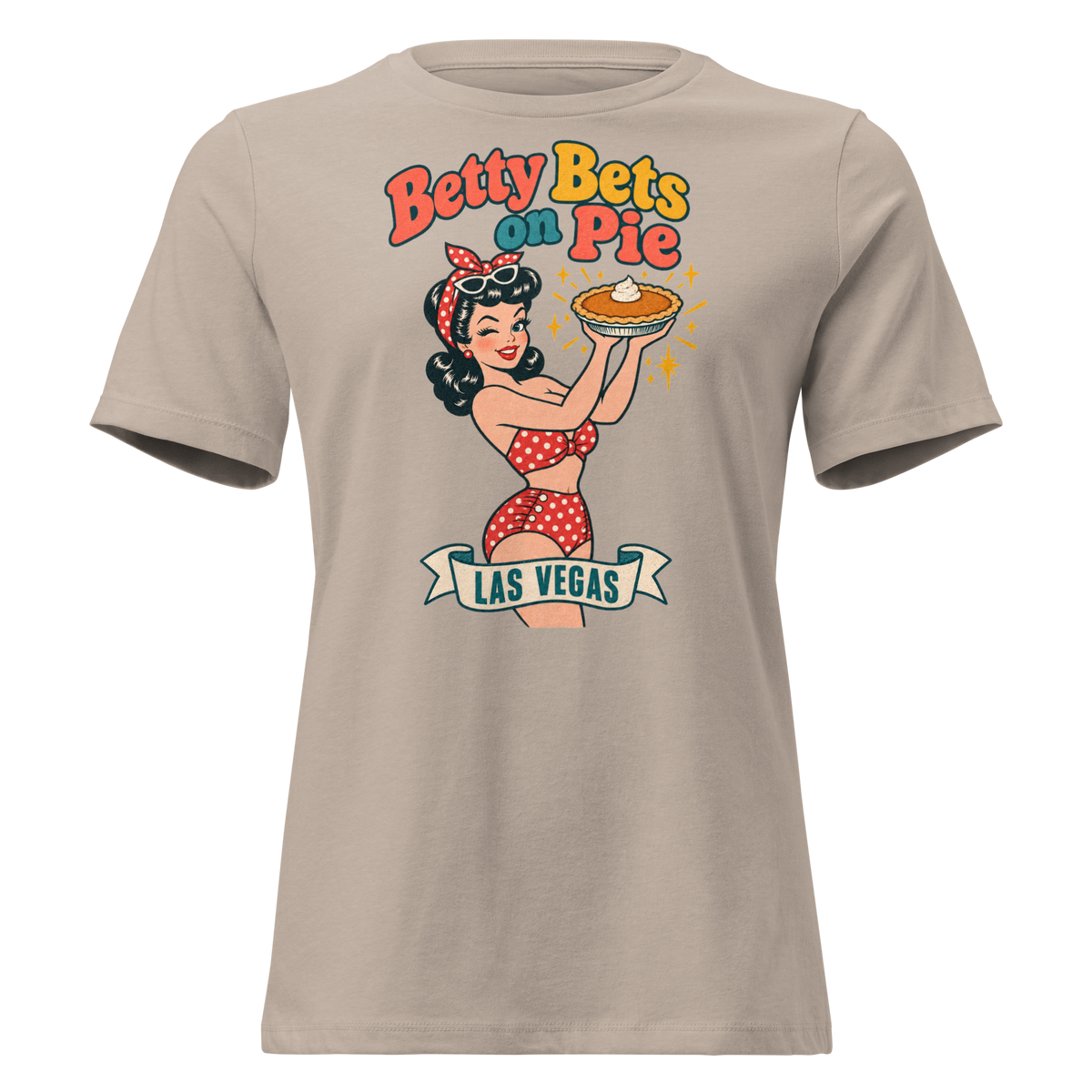 Betty Bets on Pie Relaxed T-Shirt in Heather Stone, front view, Downtown Betty in a polka dot swimsuit holds up a pumpkin pie like a jackpot and winks