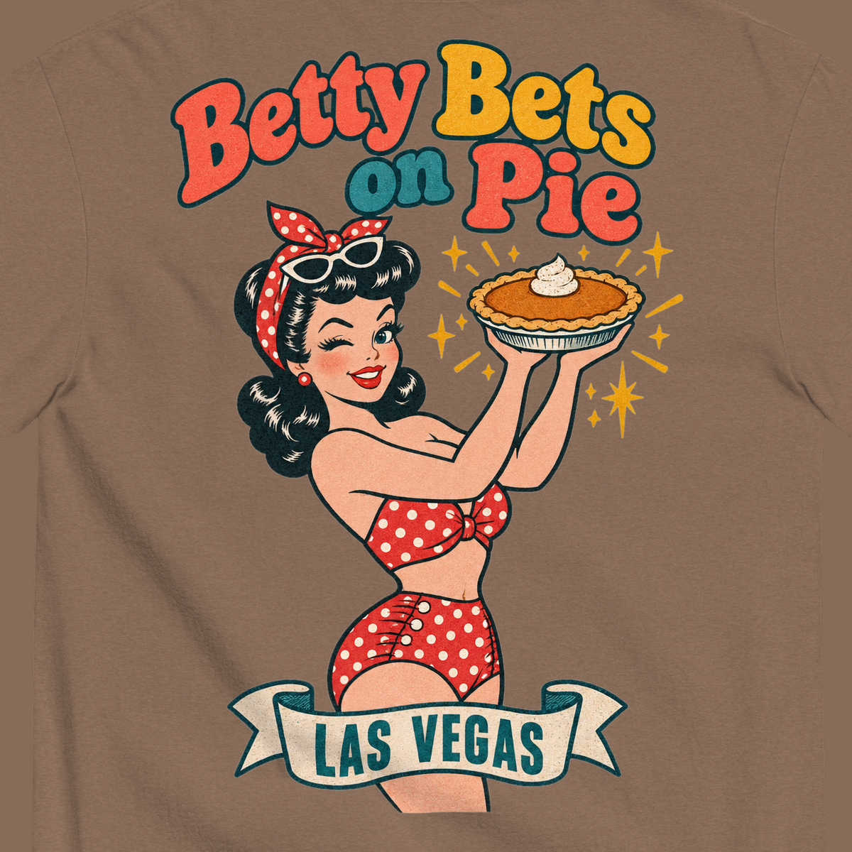 Betty Bets on Pie T-Shirt in Espresso, close-up of the back print, Downtown Betty in a polka dot swimsuit holds up a pumpkin pie like a jackpot and winks