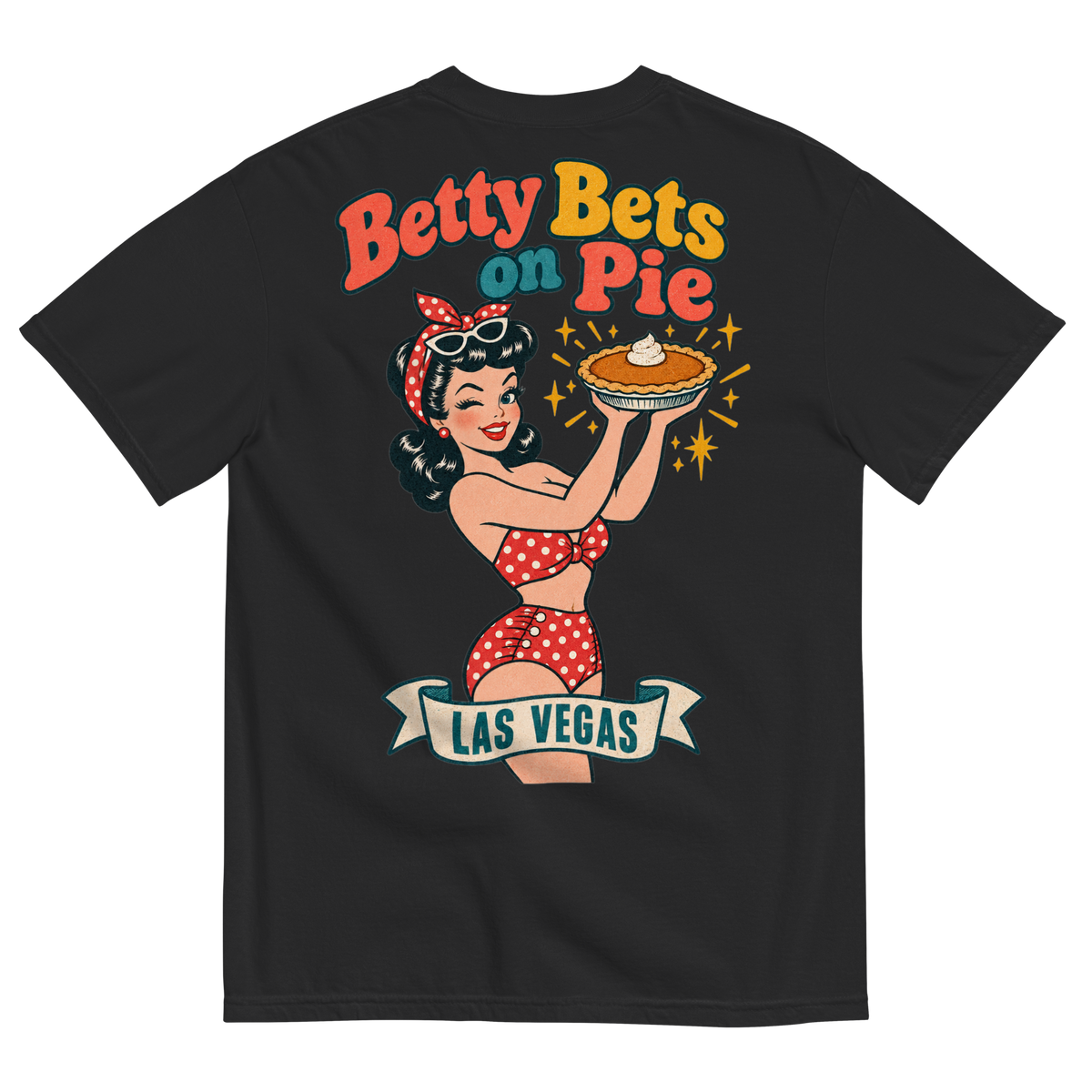 Betty Bets on Pie T-Shirt in Black, back print, Downtown Betty in a polka dot swimsuit holds up a pumpkin pie like a jackpot and winks