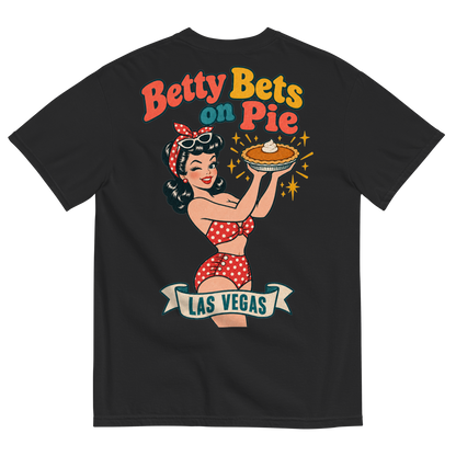 Betty Bets on Pie T-Shirt in Black, back print, Downtown Betty in a polka dot swimsuit holds up a pumpkin pie like a jackpot and winks