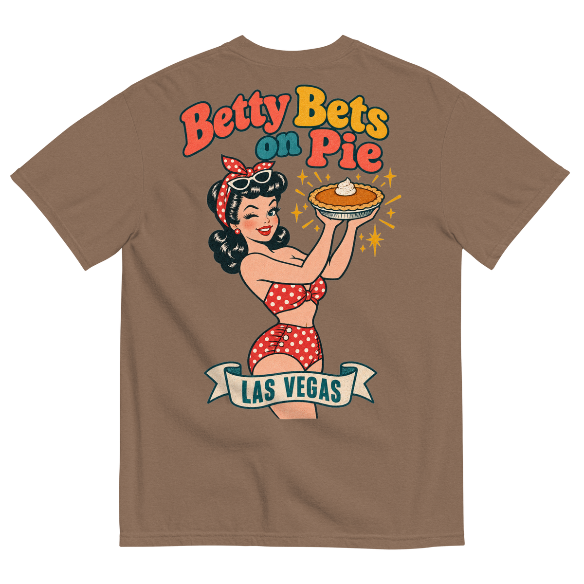 Betty Bets on Pie T-Shirt in Espresso, back print, Downtown Betty in a polka dot swimsuit holds up a pumpkin pie like a jackpot and winks