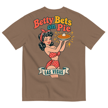 Betty Bets on Pie T-Shirt in Espresso, back print, Downtown Betty in a polka dot swimsuit holds up a pumpkin pie like a jackpot and winks