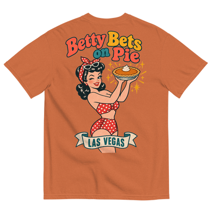 Betty Bets on Pie T-Shirt in Yam, back print, Downtown Betty in a polka dot swimsuit holds up a pumpkin pie like a jackpot and winks