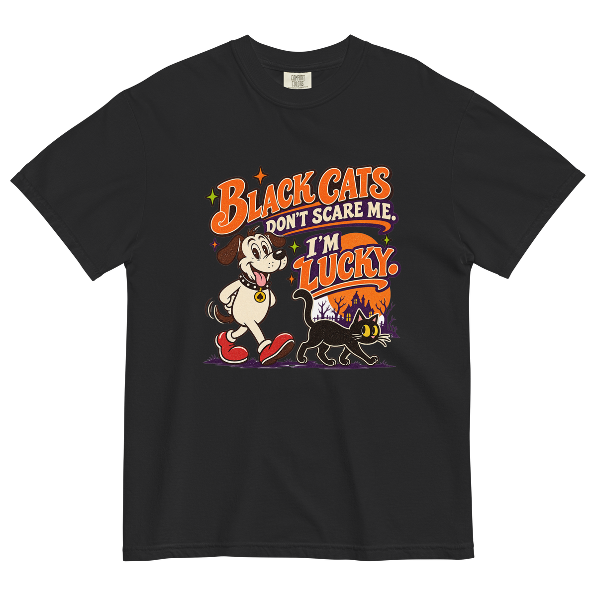 Black Cats Don't Scare Me - I'm Lucky T-Shirt in Black, front view, Lucky the dog and a black cat Halloween graphic