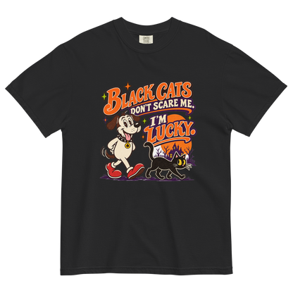 Black Cats Don't Scare Me - I'm Lucky T-Shirt in Black, front view, Lucky the dog and a black cat Halloween graphic