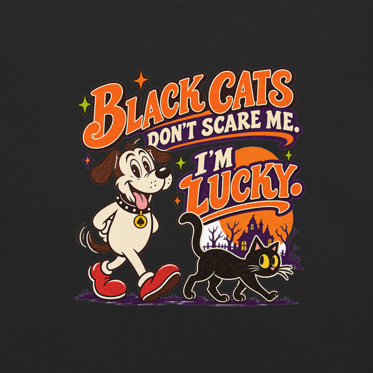 Black Cats Don't Scare Me - I'm Lucky T-Shirt in Black, front view (alternate mockup), Lucky the dog and a black cat Halloween graphic