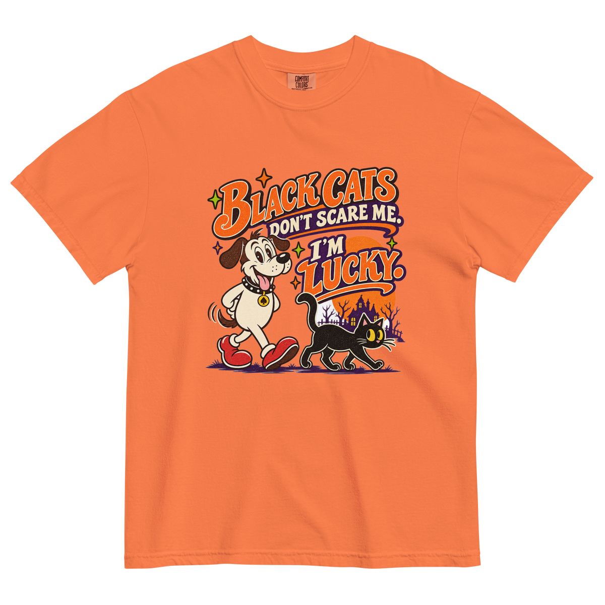 Black Cats Don't Scare Me - I'm Lucky T-Shirt in Burnt Orange, front view, Lucky the dog and a black cat Halloween graphic