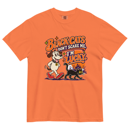 Black Cats Don't Scare Me - I'm Lucky T-Shirt in Burnt Orange, front view, Lucky the dog and a black cat Halloween graphic