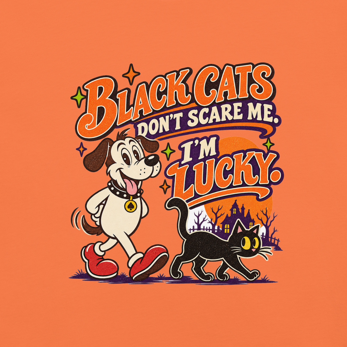 Black Cats Don't Scare Me - I'm Lucky T-Shirt in Burnt Orange, front view (alternate mockup), Lucky the dog and a black cat Halloween graphic