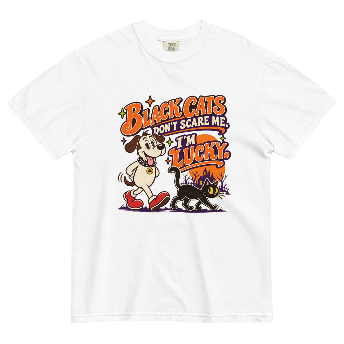 Black Cats Don't Scare Me - I'm Lucky T-Shirt in White, front view, Lucky the dog and a black cat Halloween graphic