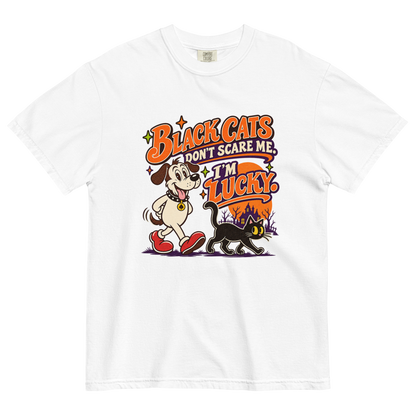 Black Cats Don't Scare Me - I'm Lucky T-Shirt in White, front view, Lucky the dog and a black cat Halloween graphic