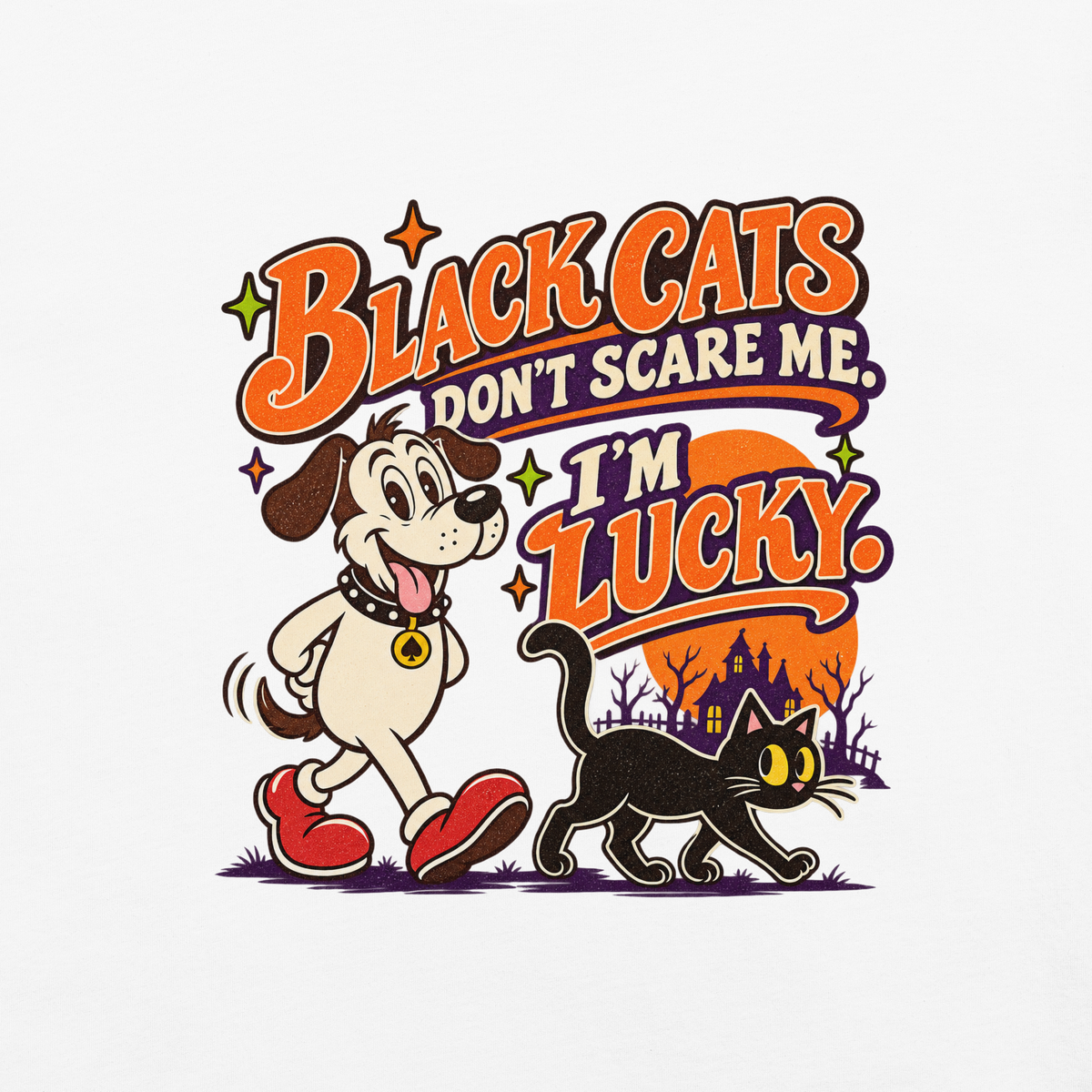 Black Cats Don't Scare Me - I'm Lucky T-Shirt in White, front view (alternate mockup), Lucky the dog and a black cat Halloween graphic