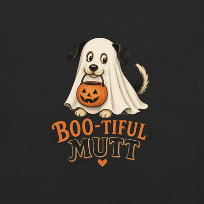 Boo-Tiful Mutt T-Shirt in Black, front view, ghost dog Halloween graphic