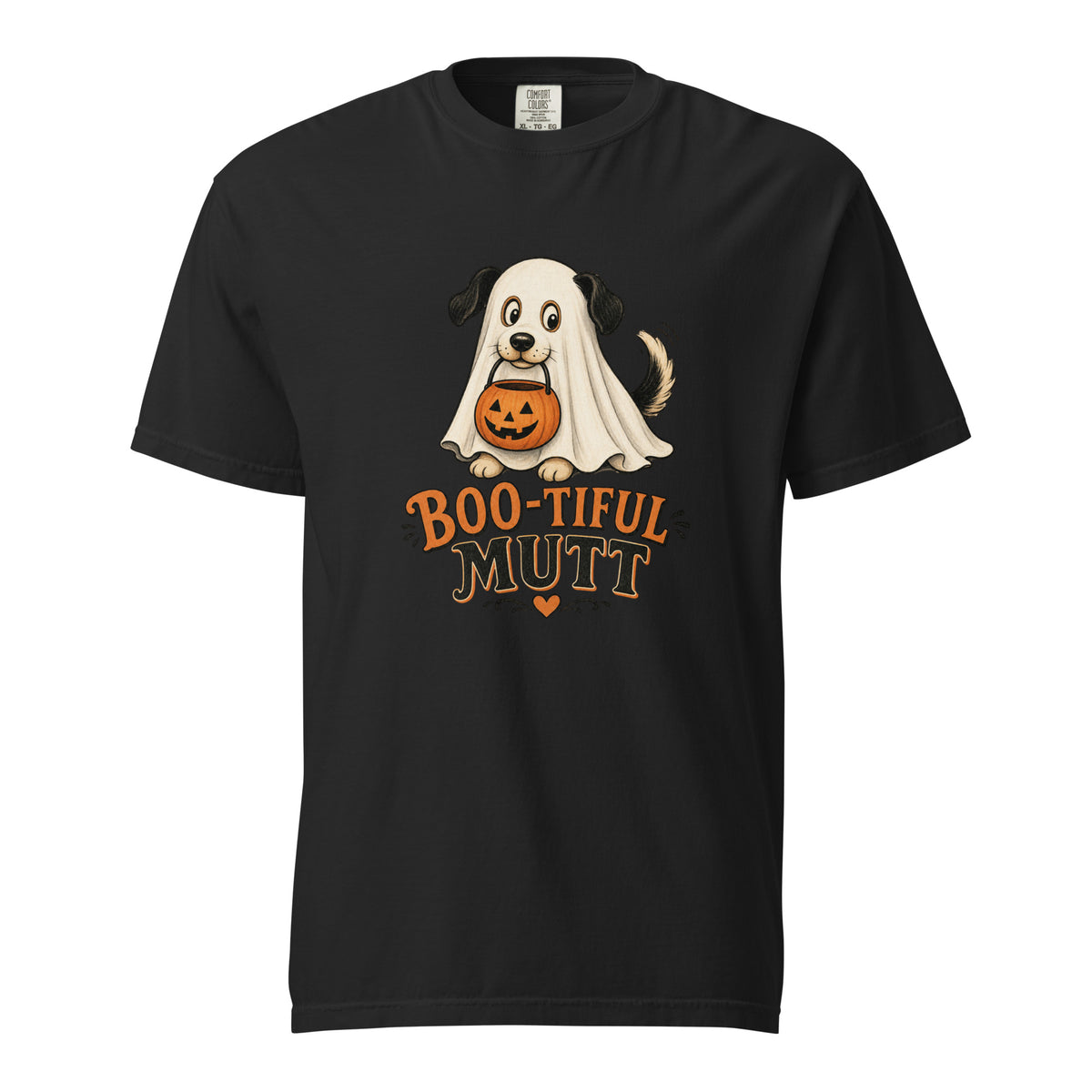 Boo-Tiful Mutt T-Shirt in Black, front view (alternate mockup), ghost dog Halloween graphic