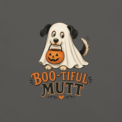 Boo-Tiful Mutt T-Shirt in Pepper, front view, ghost dog Halloween graphic