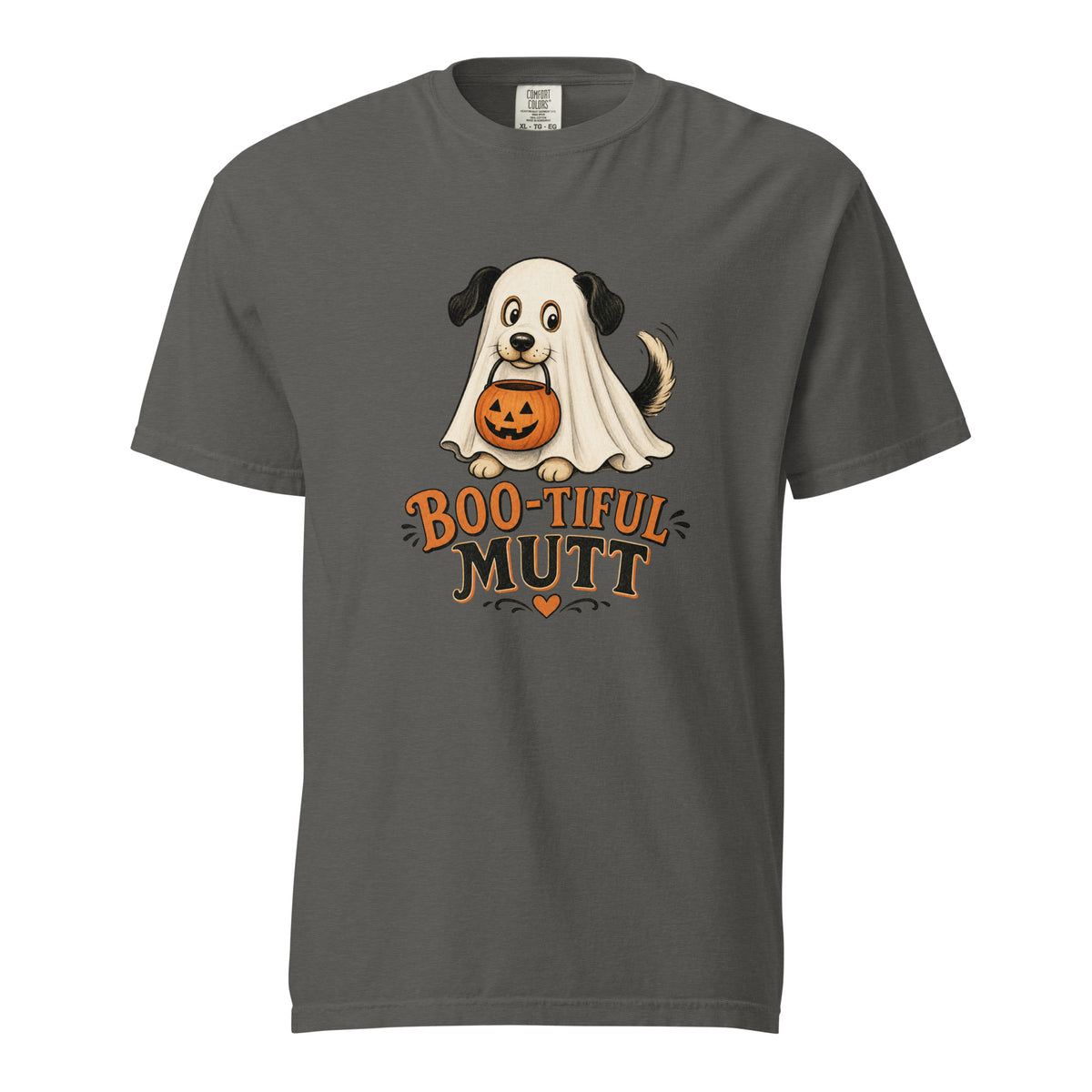 Boo-Tiful Mutt T-Shirt in Pepper, front view (alternate mockup), ghost dog Halloween graphic