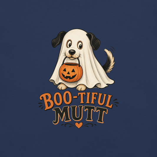 Boo-Tiful Mutt T-Shirt in True Navy, front view, ghost dog Halloween graphic