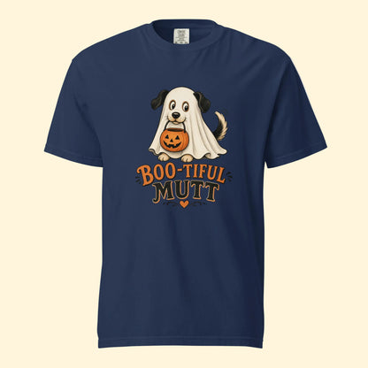 Boo-Tiful Mutt T-Shirt in True Navy, front view (alternate mockup), ghost dog Halloween graphic