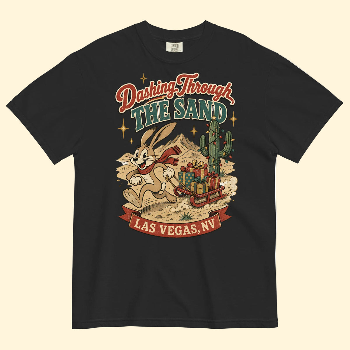 Dashing Through The Sand T-Shirt in Black, front view, jackrabbit sledding through the Las Vegas desert Christmas graphic