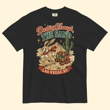 Dashing Through The Sand T-Shirt in Black, front view, jackrabbit sledding through the Las Vegas desert Christmas graphic