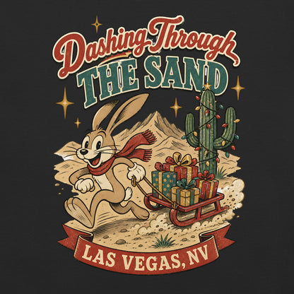 Dashing Through The Sand T-Shirt in Black, front view (alternate mockup), jackrabbit sledding through the Las Vegas desert Christmas graphic