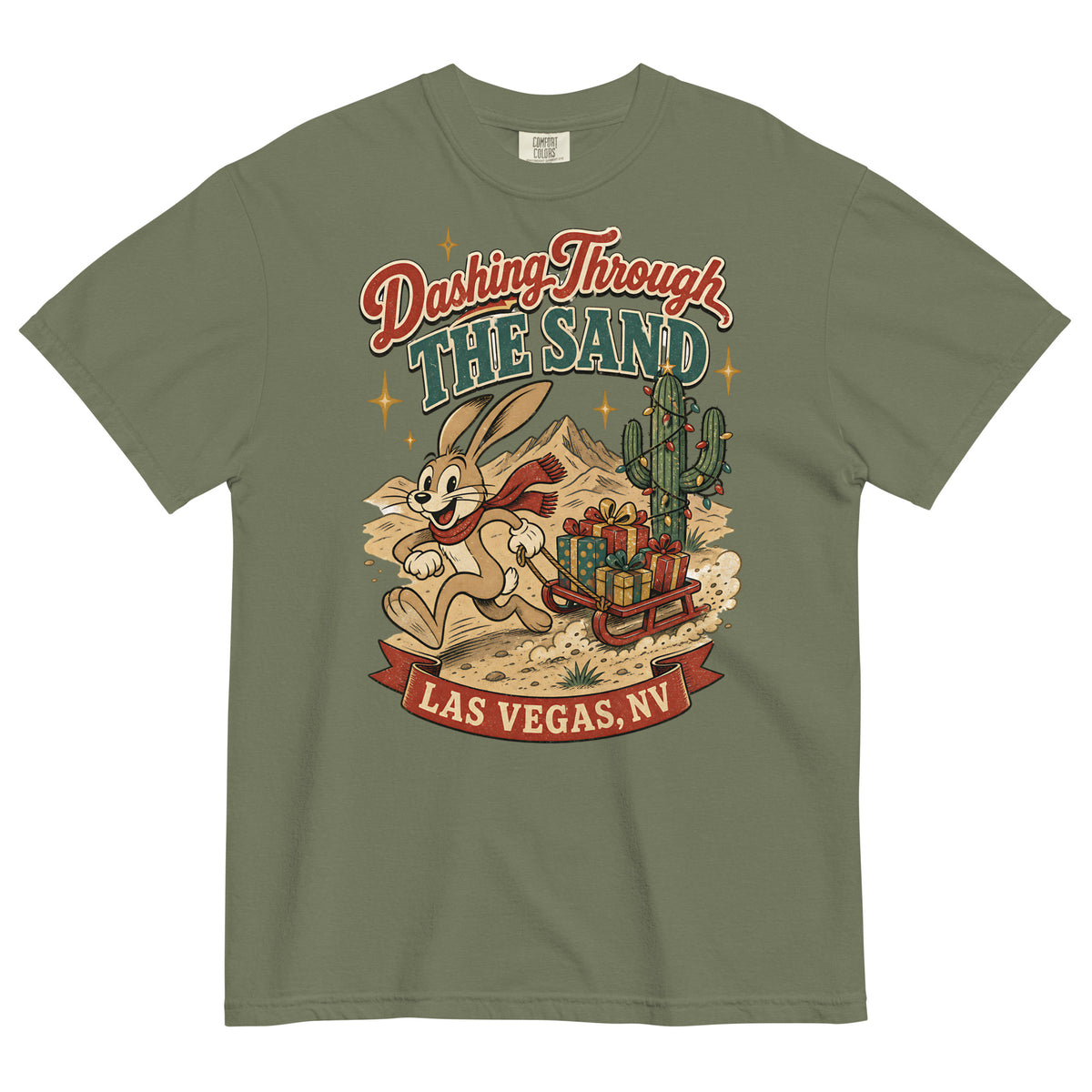 Dashing Through The Sand T-Shirt in Moss, front view, jackrabbit sledding through the Las Vegas desert Christmas graphic