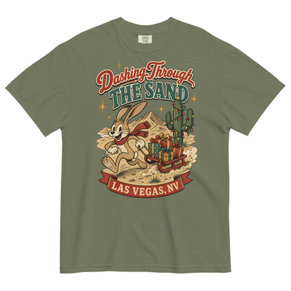 Dashing Through The Sand T-Shirt in Moss, front view, jackrabbit sledding through the Las Vegas desert Christmas graphic