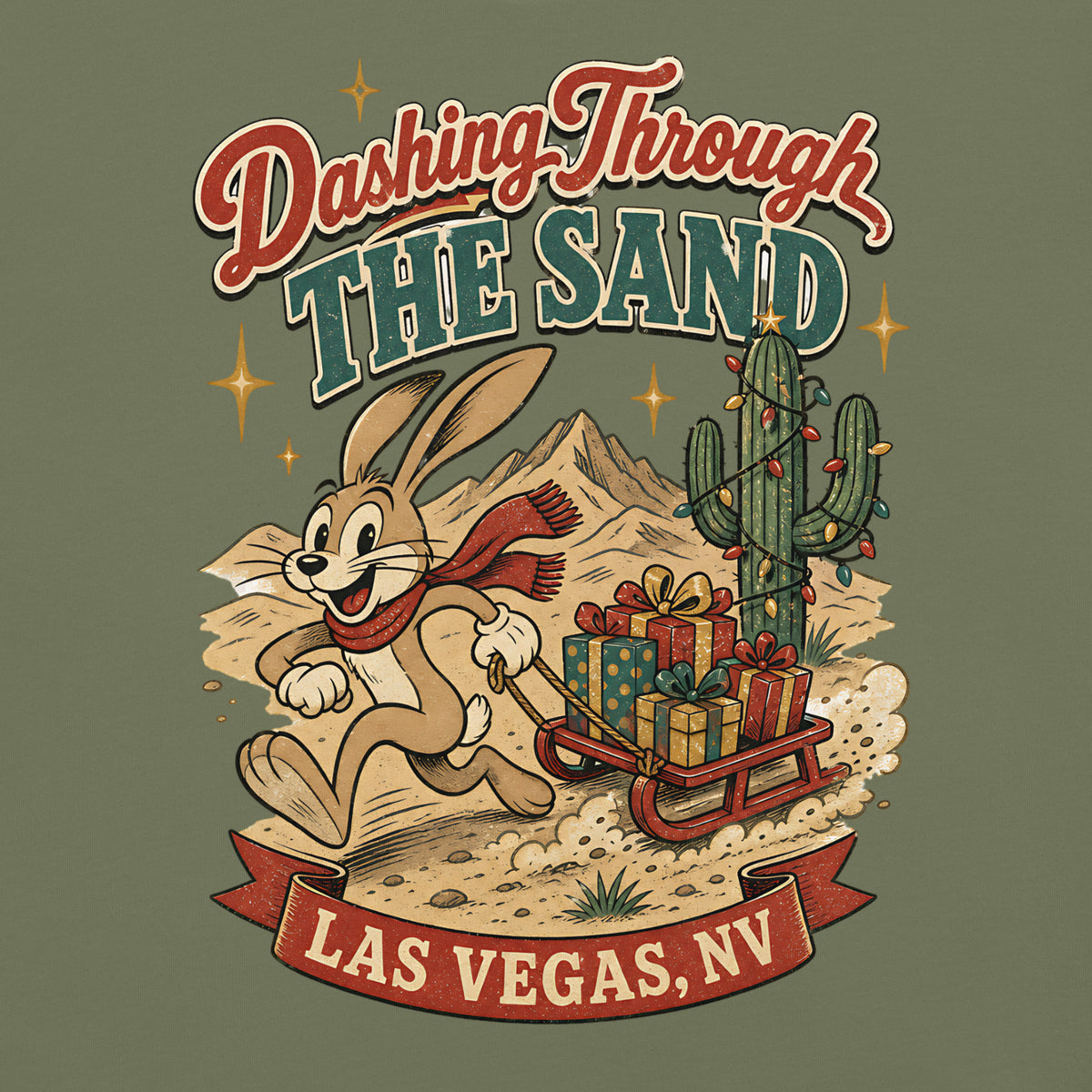 Dashing Through The Sand T-Shirt in Moss, front view (alternate mockup), jackrabbit sledding through the Las Vegas desert Christmas graphic
