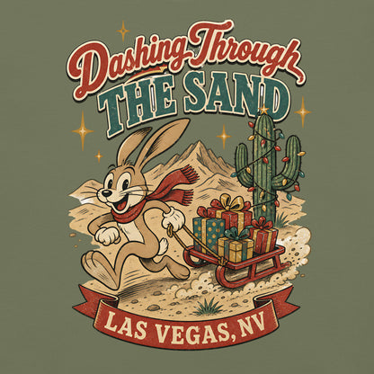 Dashing Through The Sand T-Shirt in Moss, front view (alternate mockup), jackrabbit sledding through the Las Vegas desert Christmas graphic
