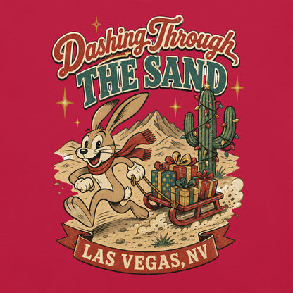 Dashing Through The Sand T-Shirt in Red, front view, jackrabbit sledding through the Las Vegas desert Christmas graphic