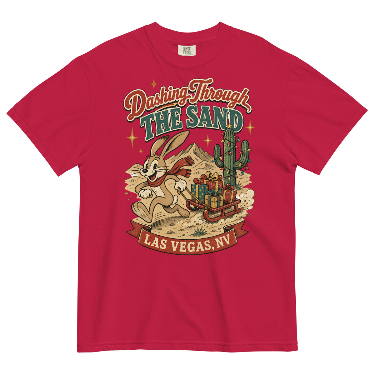 Dashing Through The Sand T-Shirt in Red, front view (alternate mockup), jackrabbit sledding through the Las Vegas desert Christmas graphic