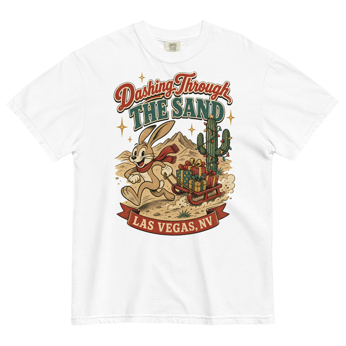 Dashing Through The Sand T-Shirt in White, front view, jackrabbit sledding through the Las Vegas desert Christmas graphic