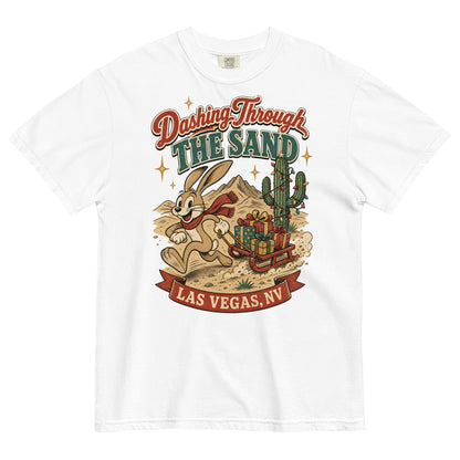 Dashing Through The Sand T-Shirt in White, front view, jackrabbit sledding through the Las Vegas desert Christmas graphic