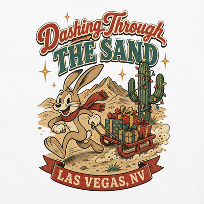 Dashing Through The Sand T-Shirt in White, front view (alternate mockup), jackrabbit sledding through the Las Vegas desert Christmas graphic
