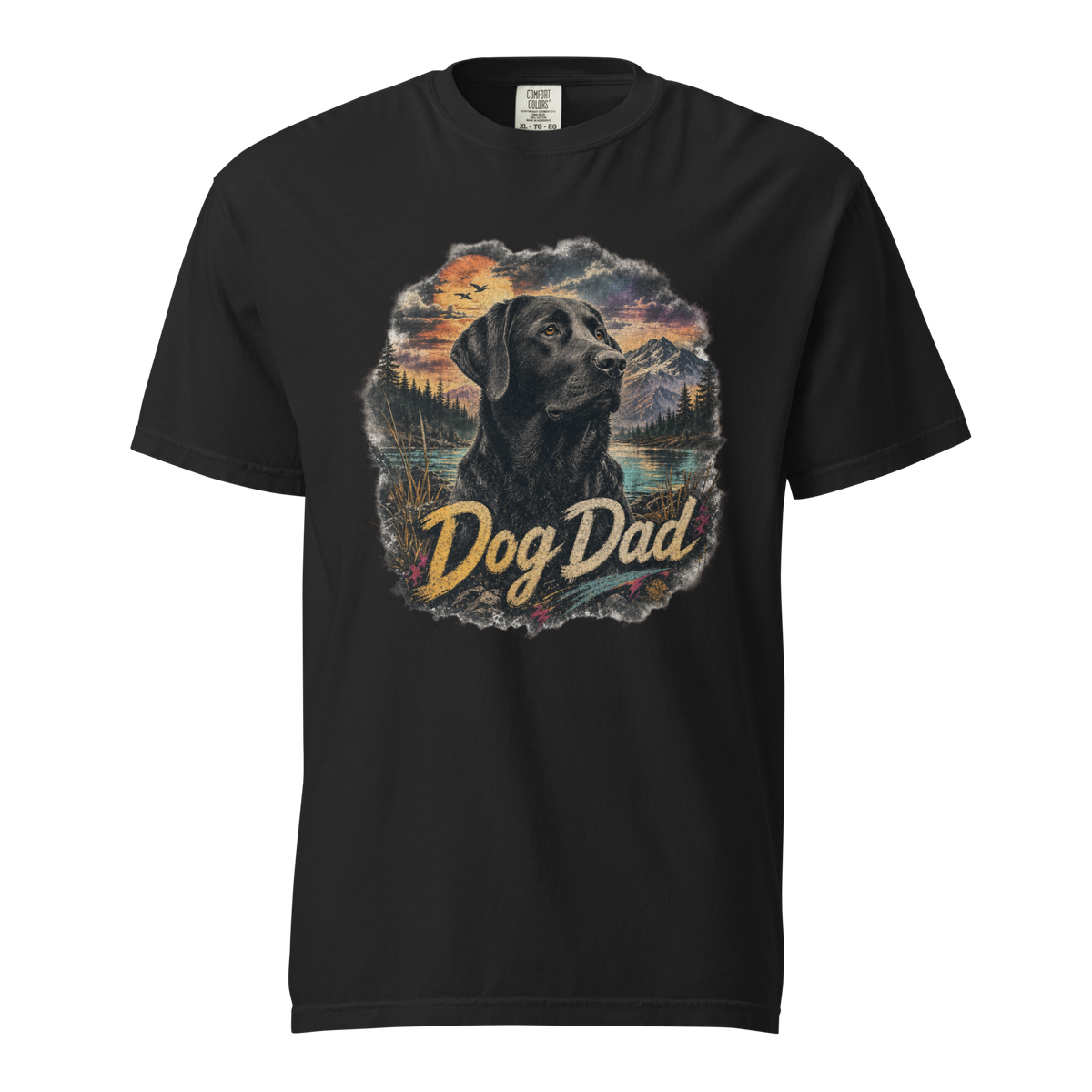 Dog Dad Black Lab T-Shirt in Black, front view, black Labrador retriever graphic for dog dads