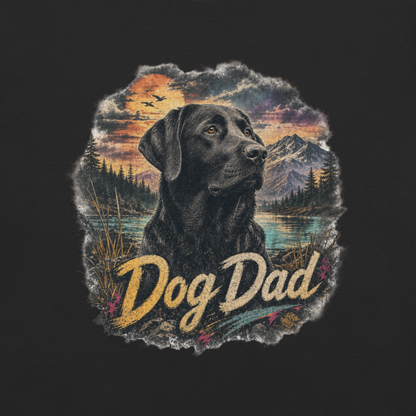 Dog Dad Black Lab T-Shirt in Black, front view (alternate mockup), black Labrador retriever graphic for dog dads