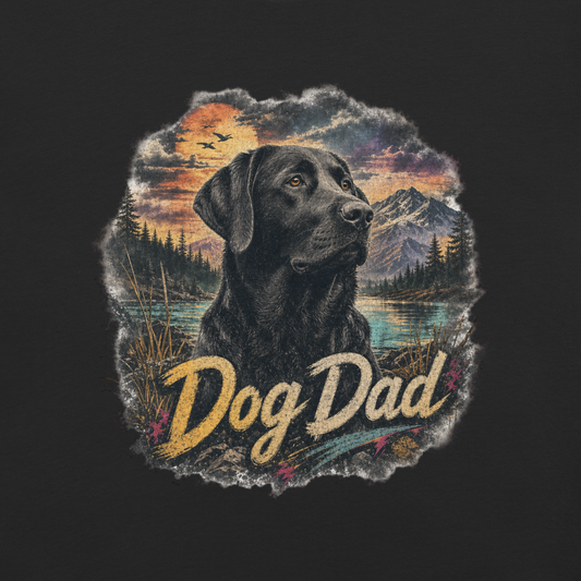 Dog Dad Black Lab T-Shirt in Black, front view (alternate mockup), black Labrador retriever graphic for dog dads