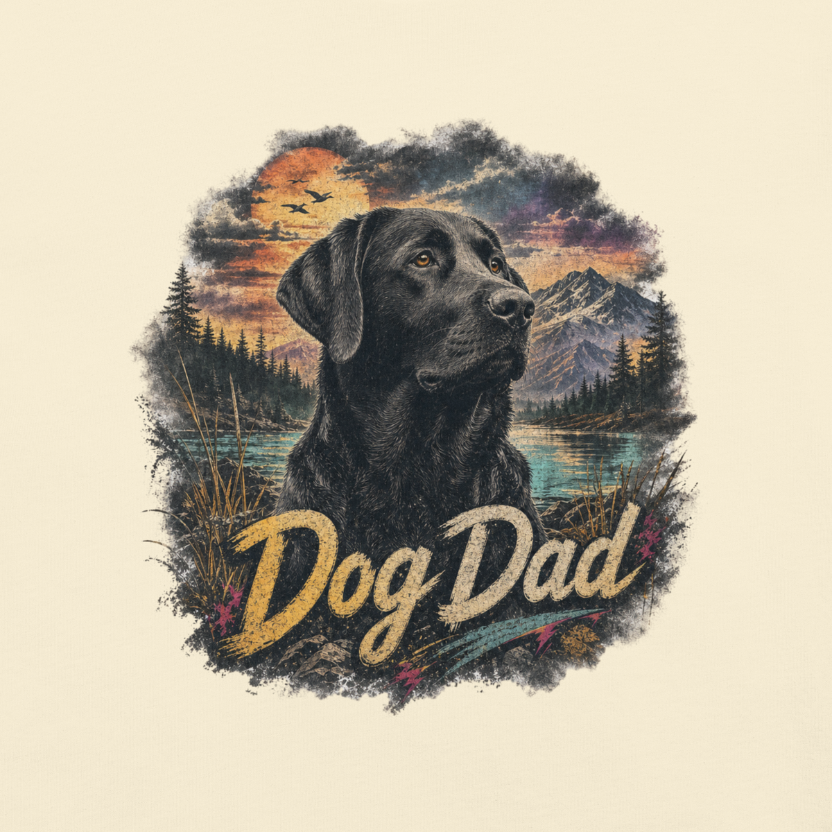Dog Dad Black Lab T-Shirt in Ivory, front view (alternate mockup), black Labrador retriever graphic for dog dads