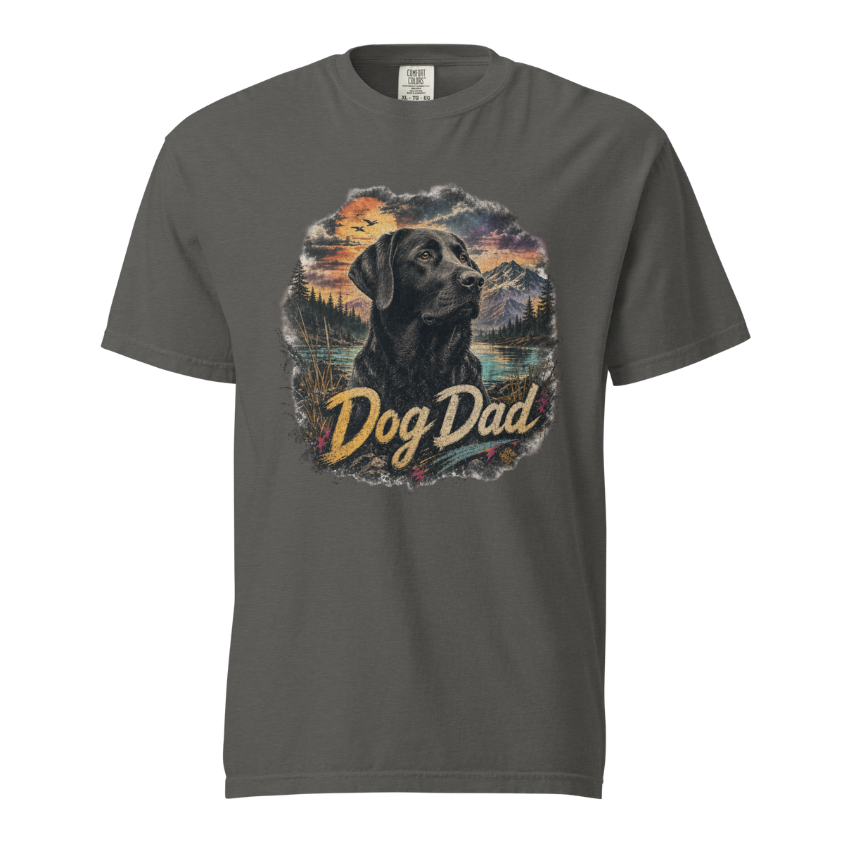 Dog Dad Black Lab T-Shirt in Pepper, front view, black Labrador retriever graphic for dog dads