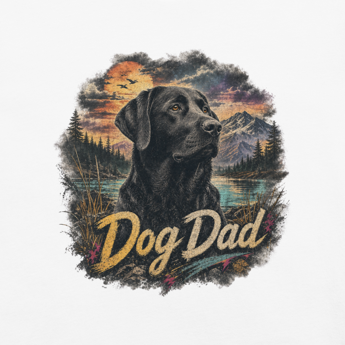 Dog Dad Black Lab T-Shirt in White, front view (alternate mockup), black Labrador retriever graphic for dog dads