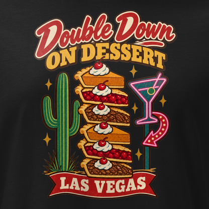 Double Down on Dessert Relaxed T-Shirt in Black, close-up of the front print, pumpkin, cherry and pecan pie slices stacked like casino chips by a cactus and neon