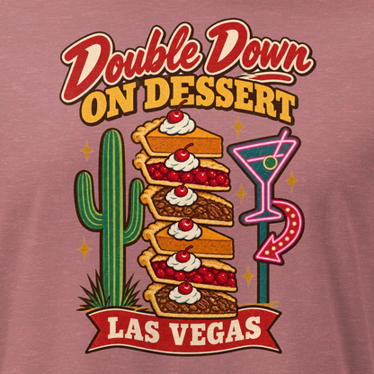 Double Down on Dessert Relaxed T-Shirt in Heather Mauve, close-up of the front print, pumpkin, cherry and pecan pie slices stacked like casino chips by a cactus and neon